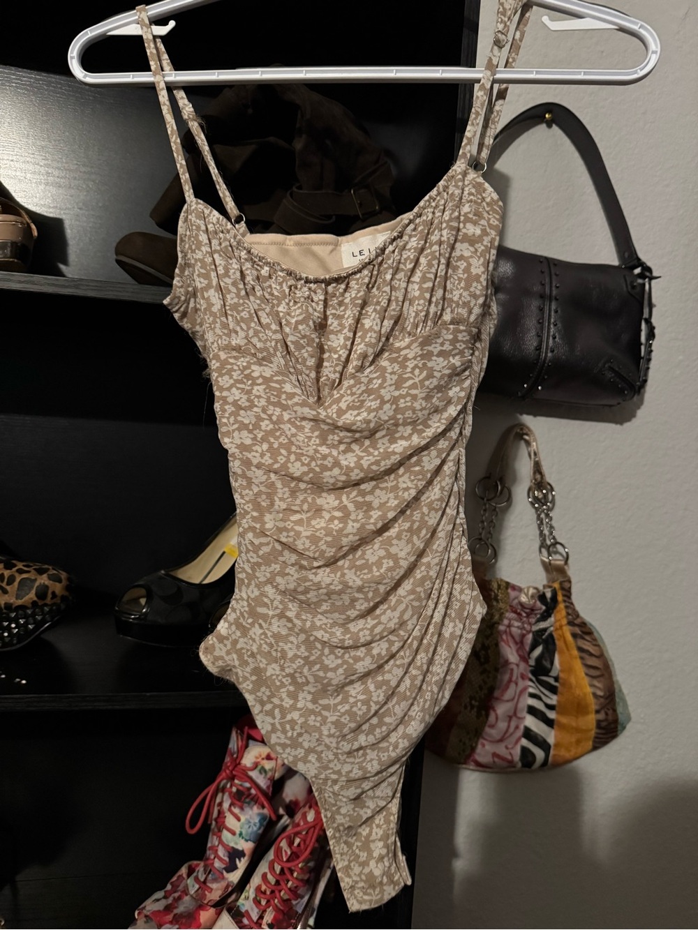 Le Lis Taupe Floral Ruched Asymmetric Cami